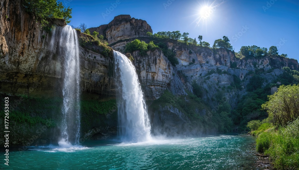 Fototapeta premium Majestic waterfall cascading down a mountainside, highlighting seasonal change