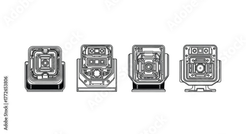 Four detailed close-up views of mechanical components in a row vector