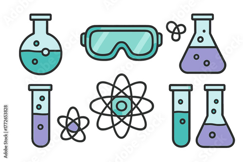 Set of chemistry laboratory equipment and science icons including glassware and atomic structures