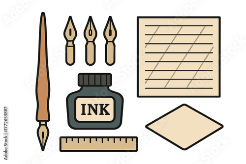 Classic calligraphy set with dip pen, ink bottle, spare nibs, and ruled paper