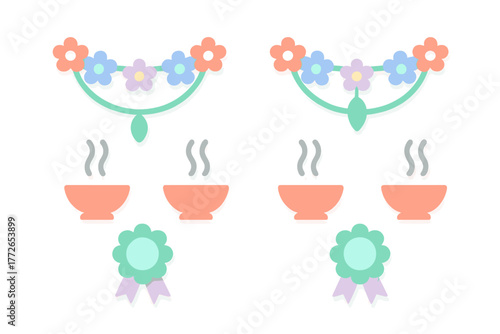 Symmetrical arrangement of pastel floral garlands, steaming food bowls, and decorative rosette awards