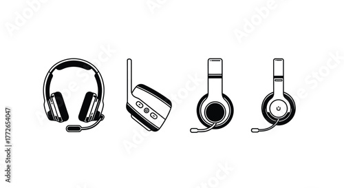 Set of four diverse headphone icons showing different styles and angles for audio technology vector