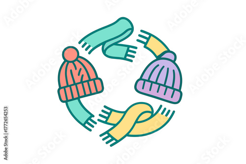 Cozy knitted beanies and colorful scarves arranged in a seasonal winter circle design