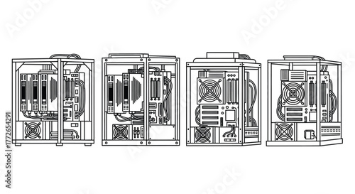 Detailed architectural blueprint line art of modern tram or light rail vehicle components vector
