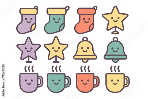 Cute pastel holiday icons set featuring smiling Christmas stockings stars bells and steaming mugs