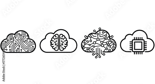 Cloud computing icons representing ai machine learning data storage and microchip technology vector