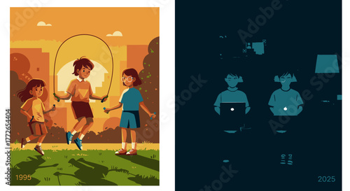 A delightful scene of three young friends enjoying lively outdoor recreation, featuring one child energetically jumping rope under a warm sky.
