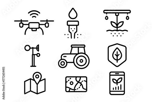 Comprehensive collection of smart farming technology and modern agricultural equipment outline symbols