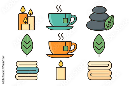 Essential spa and wellness icons featuring candles, hot beverages, massage stones, and folded towels