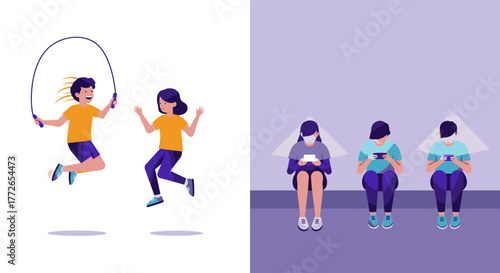A vibrant illustration vividly contrasts the energetic joy of outdoor physical activity with the quiet, isolated world of individuals engrossed in mobile screens.