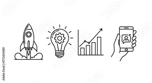 Hand drawn startup success icons featuring rocket idea growth graph and mobile app achievement vector