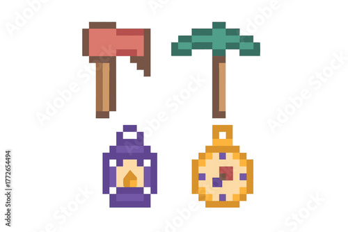 Retro pixel art adventure equipment set with axe, pickaxe, lantern, and clock