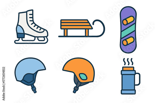 Winter sports equipment set featuring ice skate, sled, snowboard, safety helmets, and thermos