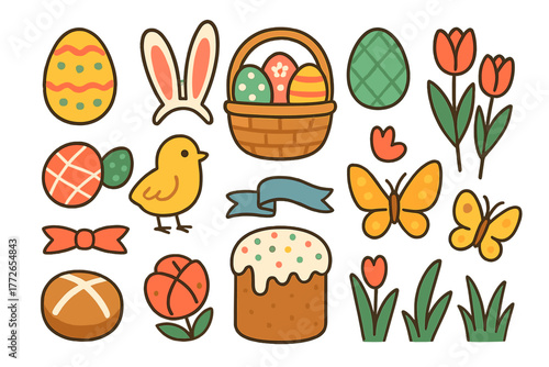 Cute Easter and Spring holiday elements set including eggs, bunny ears, chick, flowers, and cake
