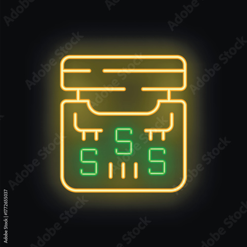 Neon sign showing a glowing retainer case on a black background