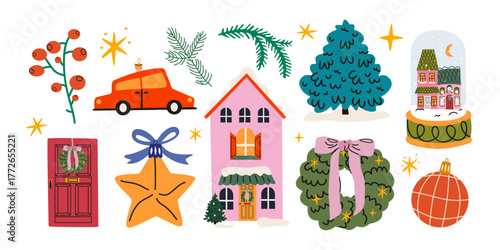 Festive Christmas and New Year's cartoon elements set in groovy style. Wreaths, Christmas trees, decorations, houses, Christmas snow globe, branches, gingerbread. Retro winter vector illustrations