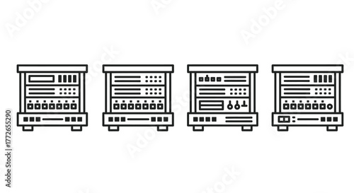 Row of four server racks with data center equipment lines icon style vector