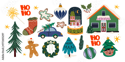 Festive Christmas and New Year's cartoon elements set in groovy style. Wreaths, Christmas trees, decorations, houses, Christmas snow globe, branches, gingerbread. Retro winter vector illustrations