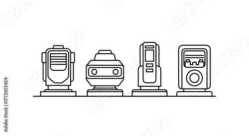 Line art collection of four diverse audio recording devices and accessories on a surface vector
