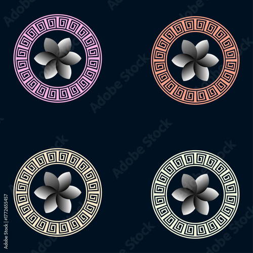 Elegant Floral Medallions with Greek Key Borders ? 2x2 Color Variants.ai