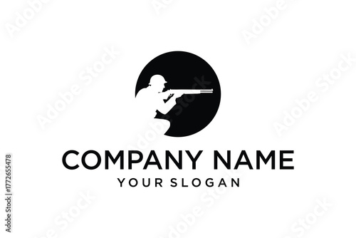 Silhouette of Kneeling Soldier or Hunter Aiming Rifle in Black Circle Logo Design