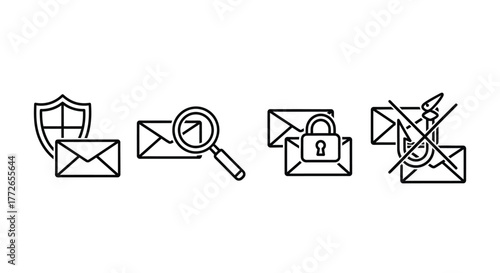Email security and communication icons set featuring shield search lock and blocked mail vector