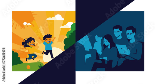 This compelling illustration vividly contrasts the carefree joy of children playing outdoors in a sunny park with adults focused on laptops in a modern, indoor work setting.