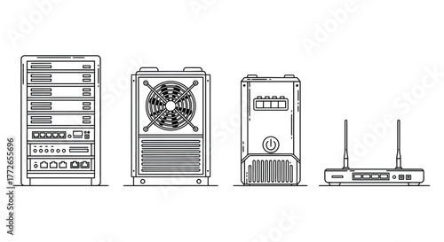 Set of computer server racks cooling units network routers and devices outline drawings vector