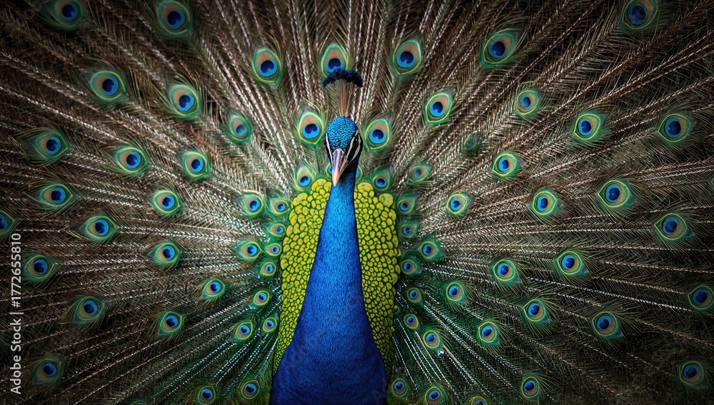 Obraz premium Vibrant peacock displaying its striking plumage, showcasing natural beauty