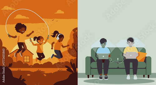 This compelling visual narrative contrasts the vibrant joy of children engaging in active outdoor play with the focused, sedentary digital interaction of young men indoors.