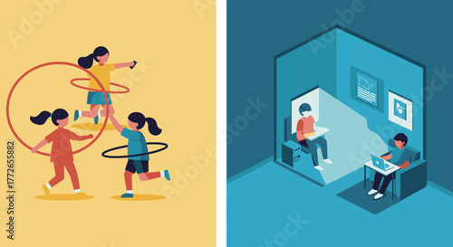 Vibrant illustration contrasting children playing hula hoops outdoors with adults working remotely on laptops in a small room, depicting modern life.
