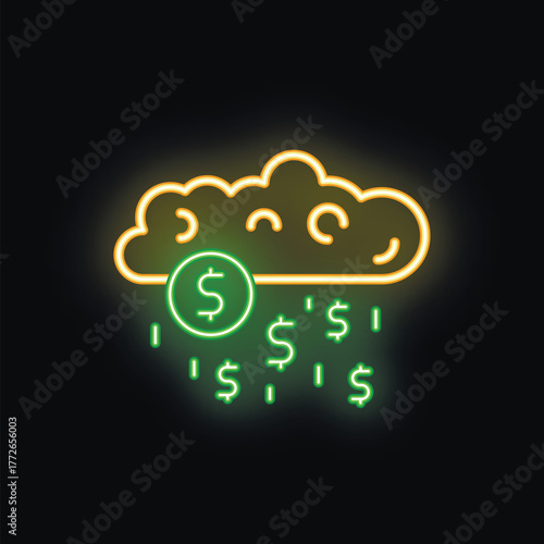 Neon sign illustrating the concept of financial abundance with money raining from a cloud