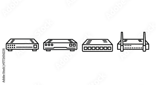 Set of four electronic devices including routers and modems for home or office connectivity vector