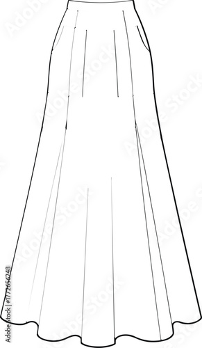 Long flared skirt technical fashion sketch, high waist patch pocket design, structured silhouette with vertical seams, garment flat drawing for apparel production