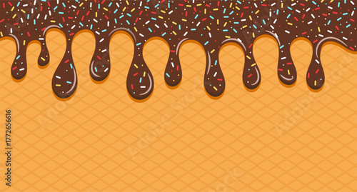 Dripping brown sweet donut glaze vector background, Colorful sprinkles banner background