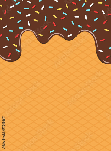 Dripping brown sweet donut glaze vector background, Colorful sprinkles banner background