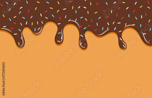 Dripping brown sweet donut glaze vector background, Colorful sprinkles banner background