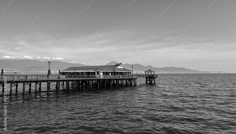 Obraz premium Coastal pier featuring dining establishments by the ocean shore. Monochrome setting with water, sky, beach, and summer vibes. Travel destination with isolated landscape and seaside restaurants.