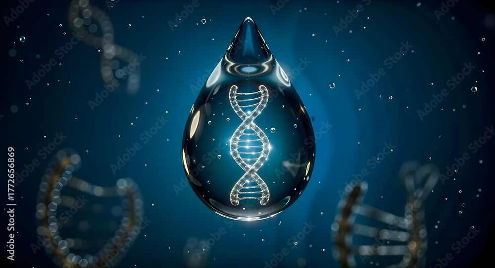 Fototapeta premium Water droplet containing DNA helix, origin of life and biotechnology concept, 3d render
