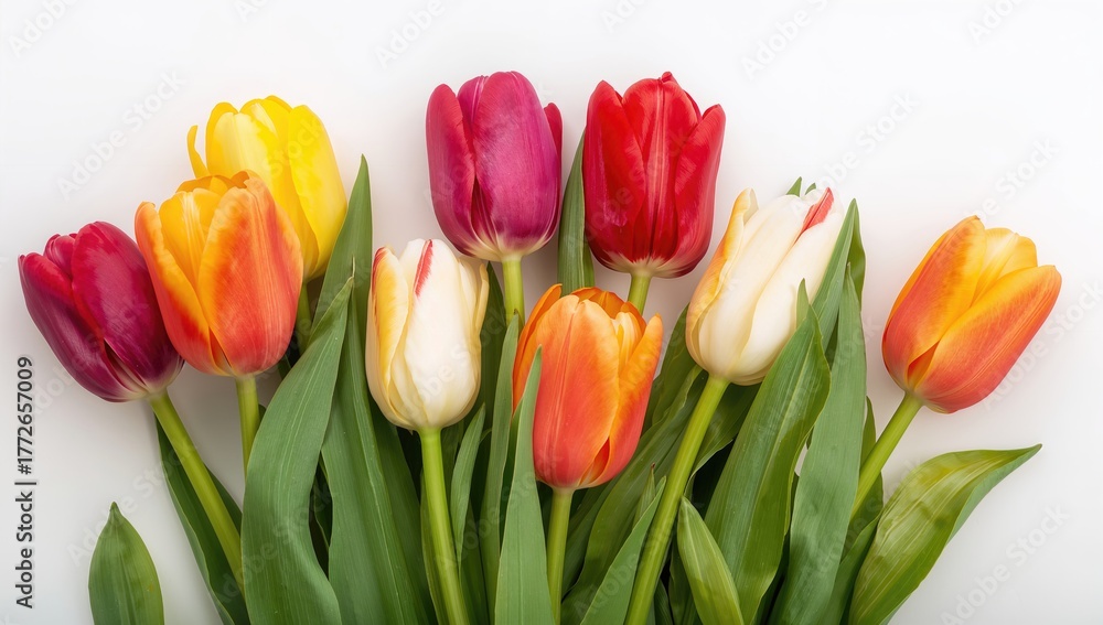 Obraz premium Bouquet of vibrant tulips against a white backdrop, seasonal beauty, Spring observance