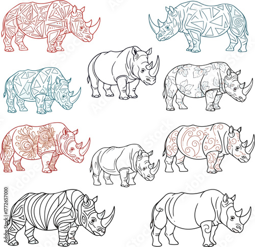 Isolated a kinds of deferent rhino art line vector art color with white background.