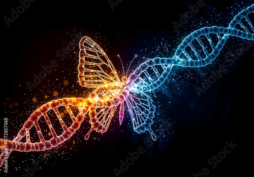 Genetic metamorphosis — DNA helix becoming butterfly, biotechnology and biology art, 3d render