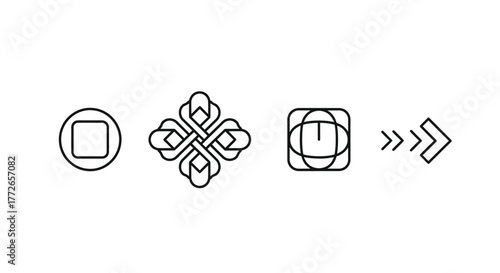 Set of four minimalist icons featuring abstract shapes geometric designs and navigation arrows vector