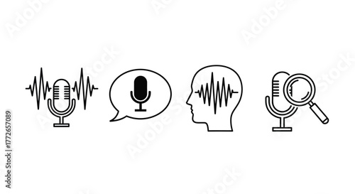 Hand drawn audio waveform microphone icons representing sound recording speech and voice analysis vector