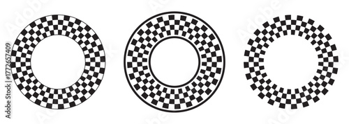 Round frames with black and white checkered print. Circles with checkerboard, rally flag or chess game plane pattern on borders. Circular geometric frameworks. Vector graphic illistration