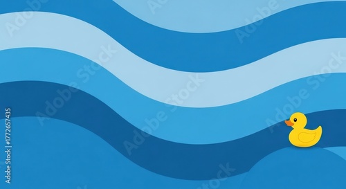 Rubber Duck Floating on Blue Waves Abstract Background Childlike Playful Design Cheerful Cute Toy Water Fun Cleanliness Baby Bathing