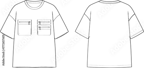 technical t-shirt sketch, front and back view, short sleeve design, zippered chest pockets, round neckline, fashion illustration, garment construction, vector template