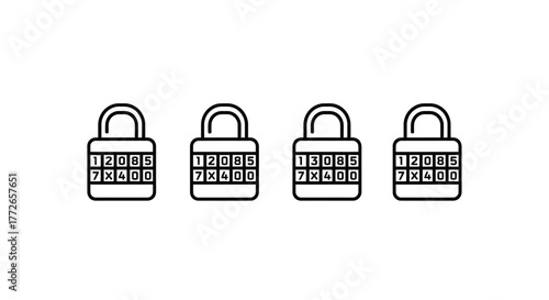 Four combination padlocks lined up displaying security and access control concepts vector