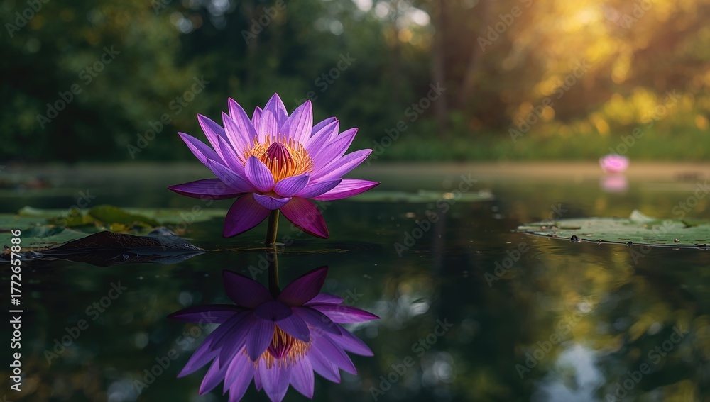 Obraz premium Large violet lotus blossom floating on water surface