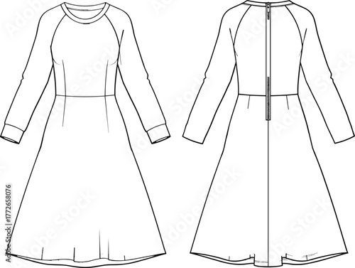 technical fashion sketch, front and back view, long sleeve dress design, fitted bodice, flared skirt, garment construction, formal wear illustration